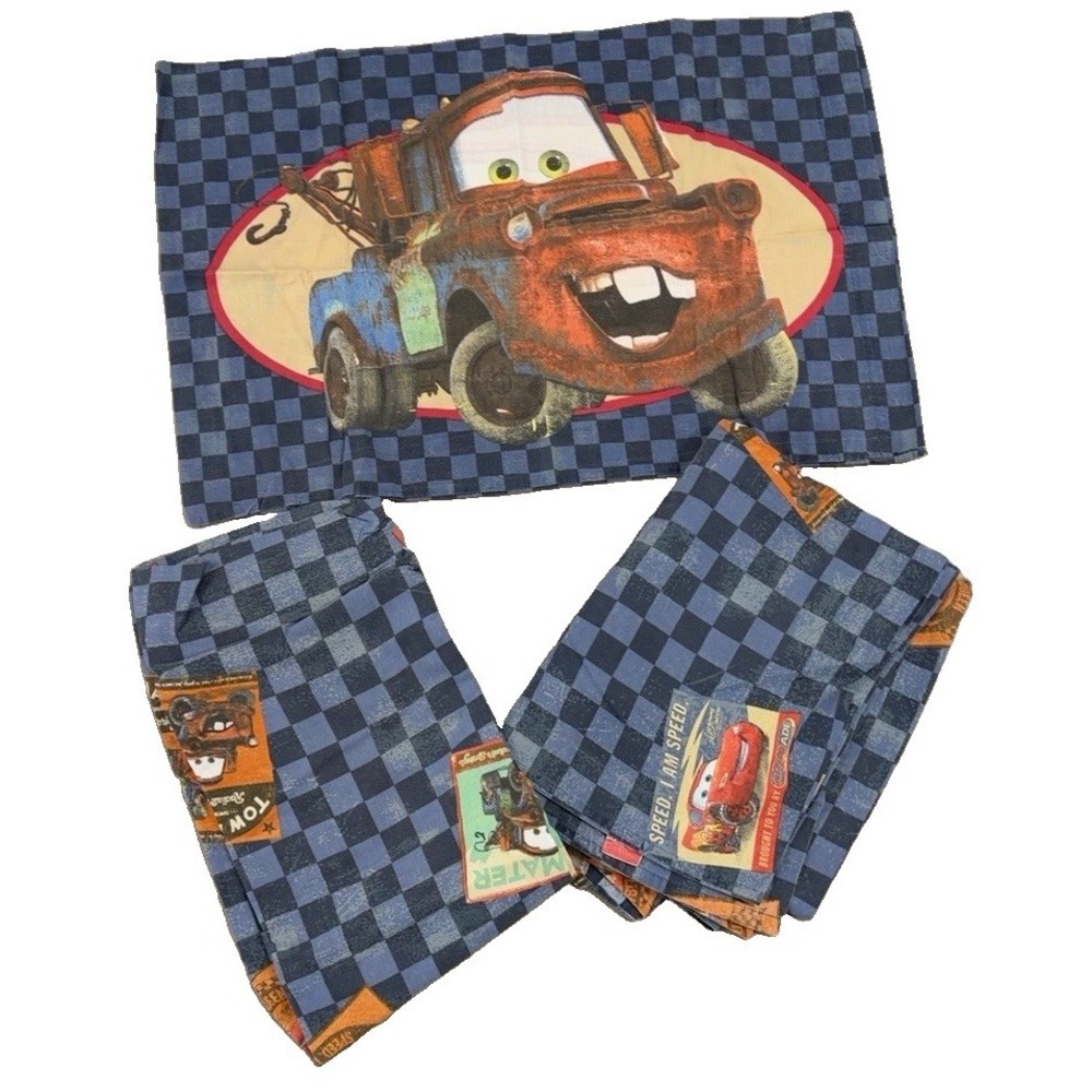 Disney Pixar Cars Lightning McQueen Tow Mater Blue Checkered Sheet Set Bedding